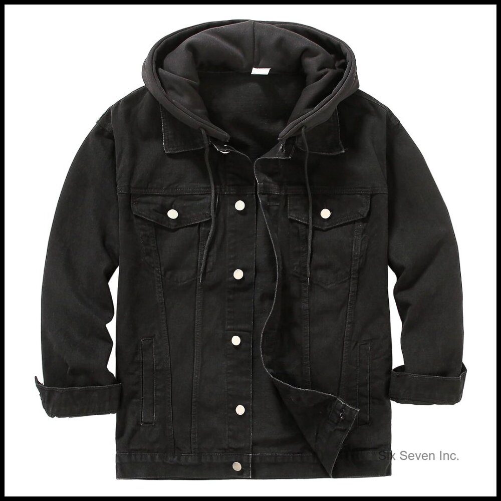 Distressed Denim Jacket Unisex Button Down Hooded Trucker Coat Casual Long